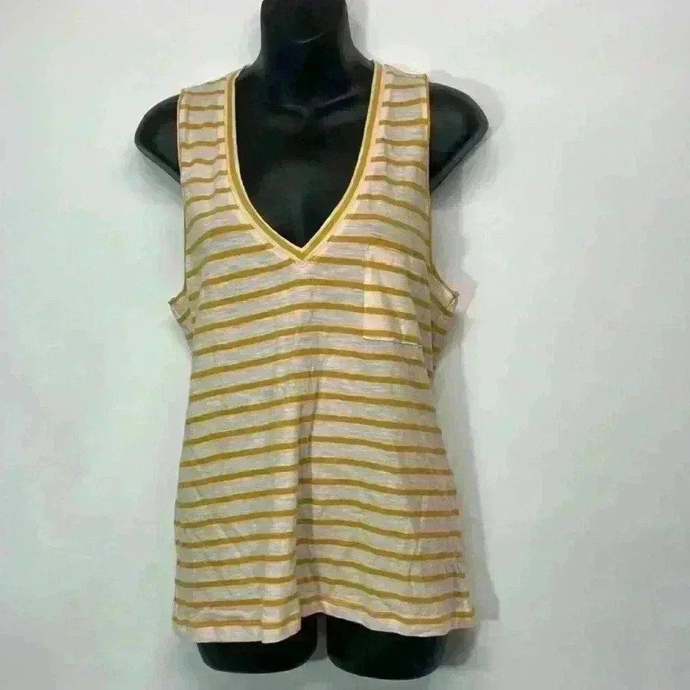 Madewell, yellow Whisper Cotton V-Neck Pocket Tank in Baker Stripe medium - Picture 2 of 5